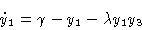 \begin{displaymath}\dot y_1 & = \gamma - y_1 - \lambda y_1 y_3 \cr\end{displaymath}